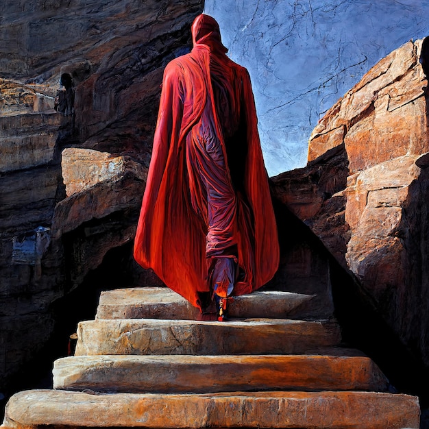 L'uomo misterioso con un mantello rosso sale le scale dell'illustrazione 3d del tempio
