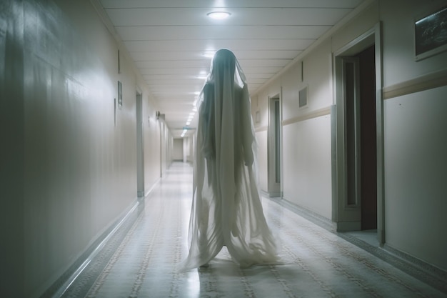 L'uomo misterioso generativo ai si veste come un fantasma che cammina nel corridoio