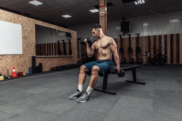 L'uomo muscoloso si esercita con manubri pesanti, allenando i bicipiti mentre è seduto su una panchina in palestra. Bodybuilding e Fitness