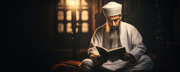L'uomo musulmano mistico che legge il Corano in una moschea