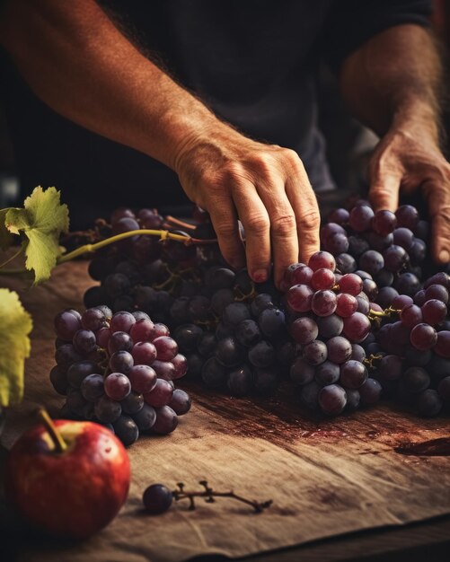 L'uomo ordina l'uva scura sul tavolo per il vino da vicino