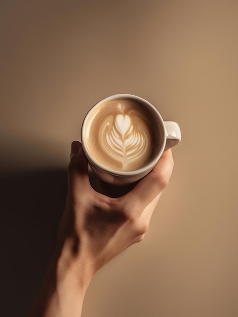 L'uomo passa tenendo una tazza delizioso cappuccino con latte art servito sul tavolo beige IA generativa