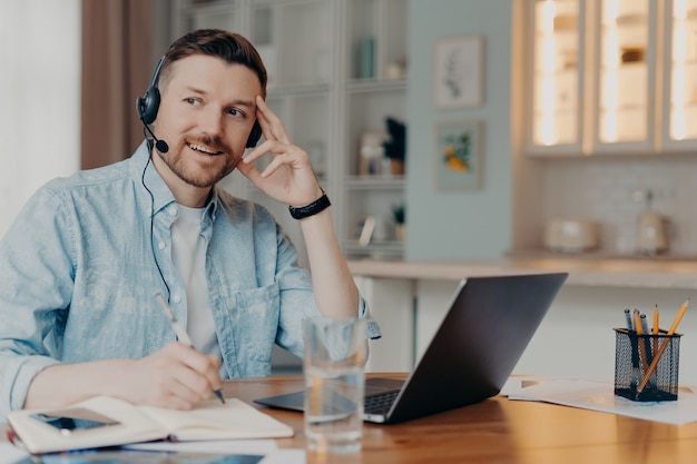 L'uomo pensieroso e premuroso prende appunti usa le cuffie del computer portatile scrive appunti nel blocco note fornisce l'assistenza clienti risolve i problemi dei clienti si siede alla scrivania nello spazio di coworking. Responsabile della linea diretta.