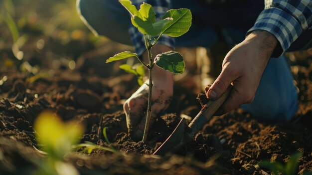 L'uomo pianta un albero, le mani con la pala scavano il terreno, la natura, l'ambiente e l'ecologia.