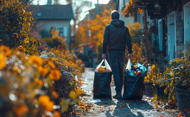 L'uomo porta sacchetti di alimentari per strada in autunno