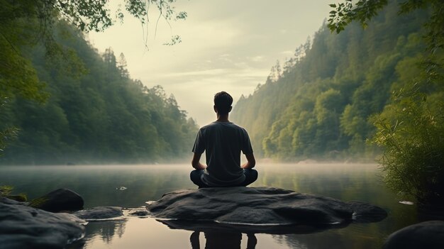 L'uomo pratica la consapevolezza e la meditazione in un ambiente naturale tranquillo