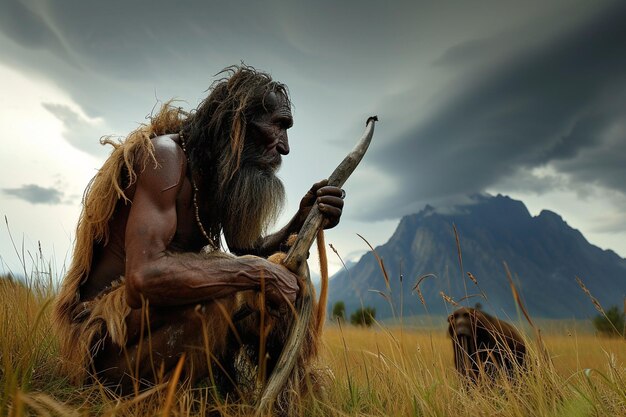 L'uomo preistorico evoluzione scienza biologia uomo civiltà homo sapiens scimmia epoca della pietra capelli vecchi natura selvaggia neanderthal preistoria scimmia