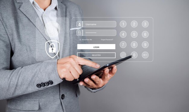 L'uomo preme con la mano lo smartphone con la scansione del sistema di protezione della sicurezza informatica La scansione consente l'accesso all'input di nome utente e password per o tecnologia sistema di sicurezza e prevenire il concetto di hacker