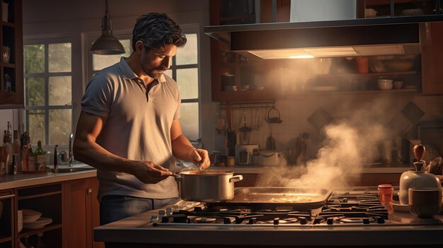 L'uomo prepara la colazione in una cucina moderna Fai colazione al mattino e copia lo spazio per il testo