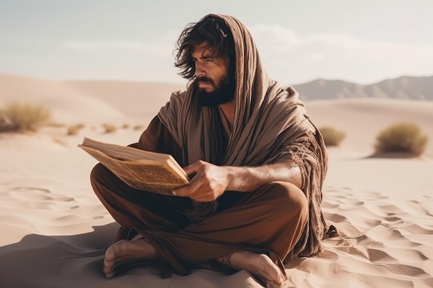 L'uomo religioso è nel deserto con il libro sacro Bella immagine illustrativa IA generativa