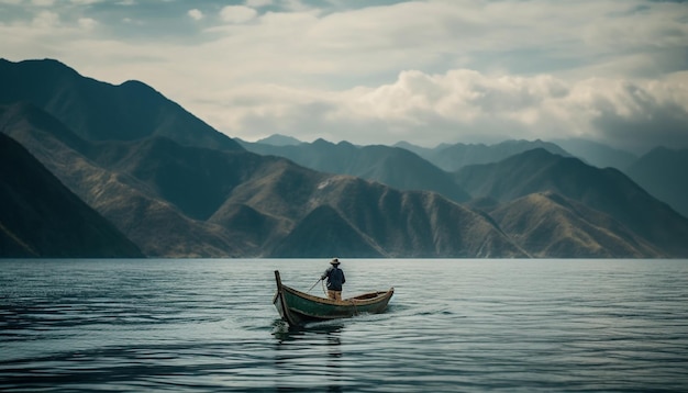 L'uomo rema in barca da pesca in un tranquillo paesaggio montano generato dall'intelligenza artificiale