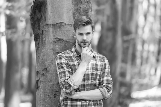 L'uomo serio ha i capelli ben curati sul fondo della foresta dal barbiere