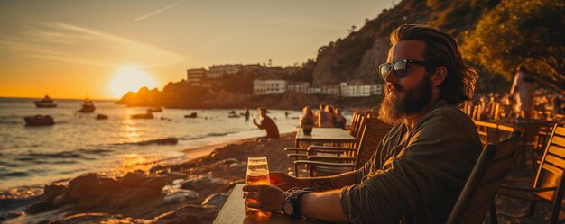 L'uomo si gode la birra sulla spiaggia