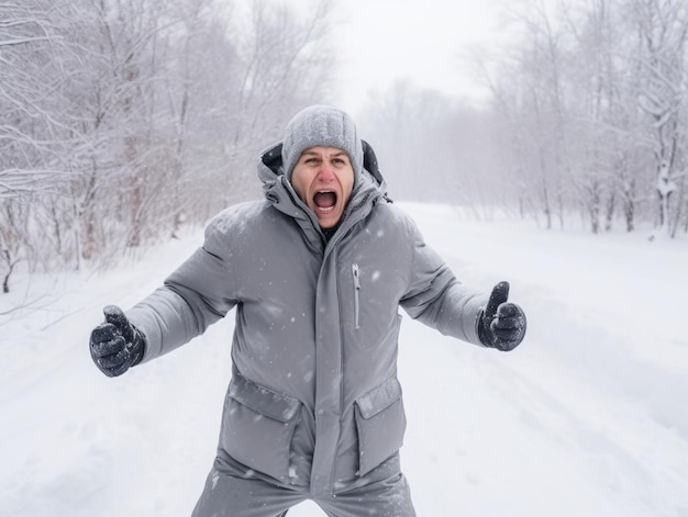 L'uomo si gode la giornata nevosa invernale in una postura giocosa