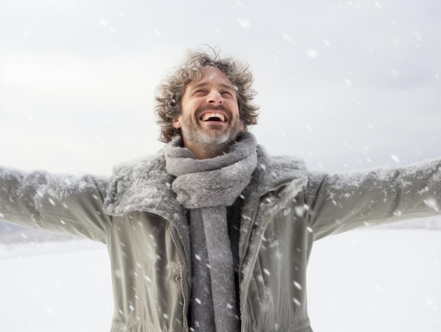 L'uomo si gode la giornata nevosa invernale in una postura giocosa