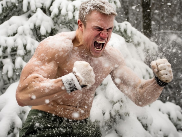 L'uomo si gode la giornata nevosa invernale in una postura giocosa