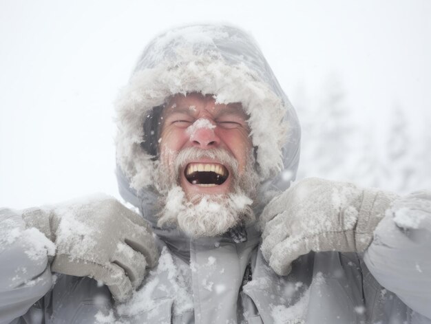 L'uomo si gode la giornata nevosa invernale in una postura giocosa