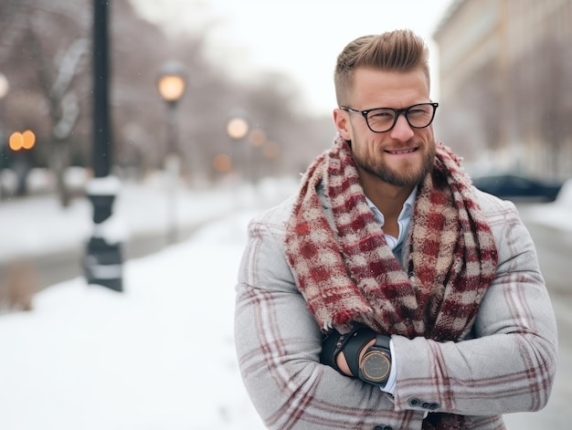 L'uomo si gode la giornata nevosa invernale in una postura giocosa