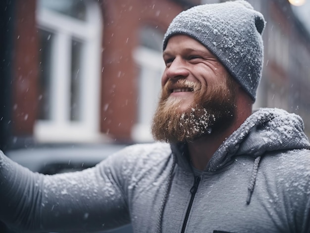 L'uomo si gode la giornata nevosa invernale in una postura giocosa