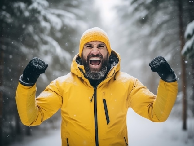 L'uomo si gode la giornata nevosa invernale in una postura giocosa