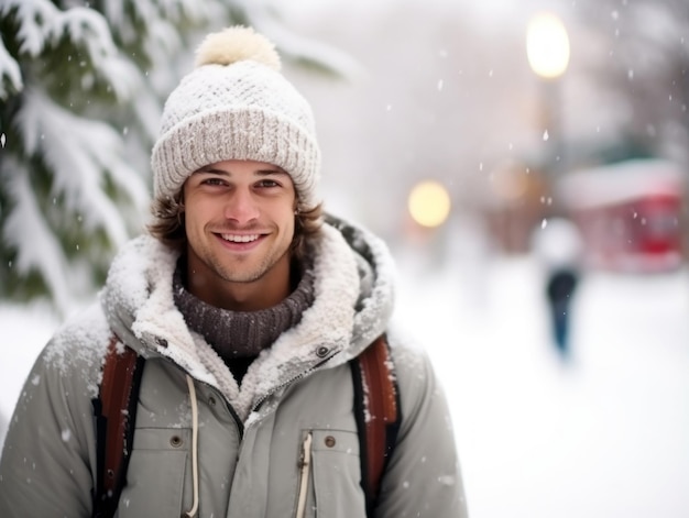 L'uomo si gode la giornata nevosa invernale in una postura giocosa