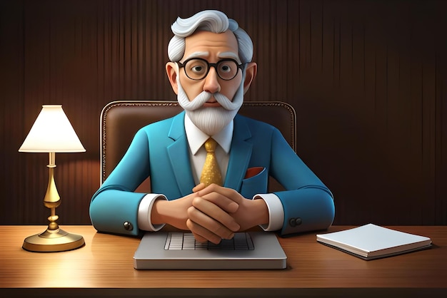 l'uomo si siede a un tavolo con un portatile e una lampada che dice la parola su di esso illustrazione 3D