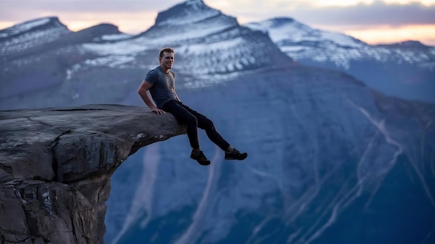 L'uomo si siede alla fine del trolltunga prima delle montagne