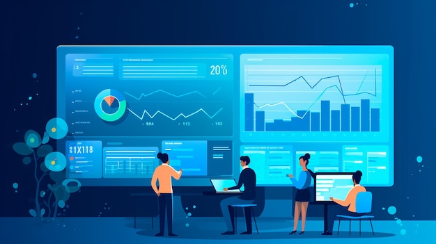 L'uomo si siede davanti ai monitor in ufficio con i grafici