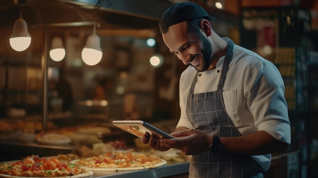 L'uomo si trova in cucina accanto a una pizza pronta