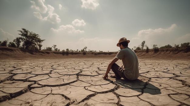 L'uomo siede sulla terra asciutta con un albero morto che simboleggia la siccità l'agricoltura e la deforestazione