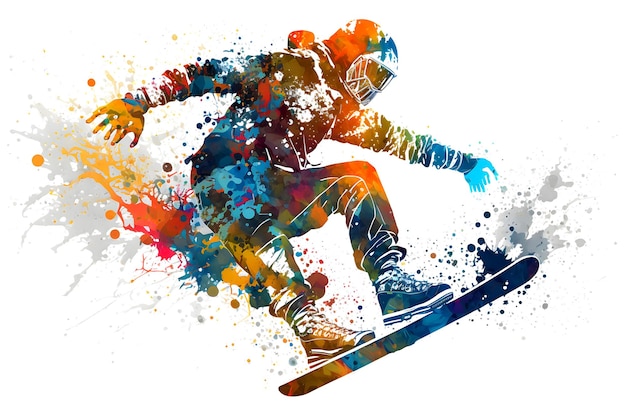 L'uomo snowboarder salta sullo snowboard con spruzzi di acquerello rainbown isolati su sfondo bianco Arte generata dalla rete neurale