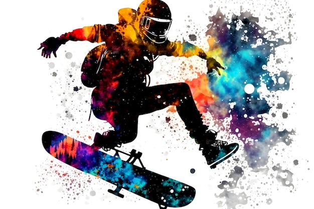 L'uomo snowboarder salta sullo snowboard con spruzzi di acquerello rainbown isolati su sfondo bianco Arte generata dalla rete neurale