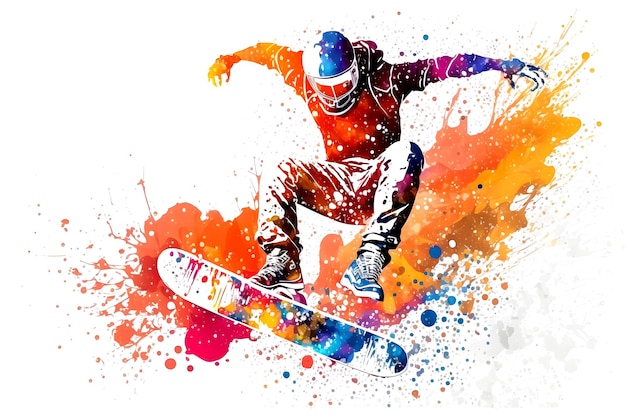 L'uomo snowboarder salta sullo snowboard con spruzzi di acquerello rainbown isolati su sfondo bianco Arte generata dalla rete neurale