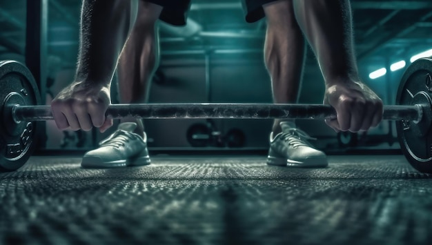 L'uomo sollevando la barra in palestra Costruire la forza Potenza con l'allenamento atletico per la forma fisica Sviluppo muscolare Raggiungere gli obiettivi di forma fisica Ottenere massa muscolare allenamento e forma fisica per la salute