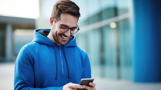 L'uomo sorridente vestito di blu sta usando il telefono.