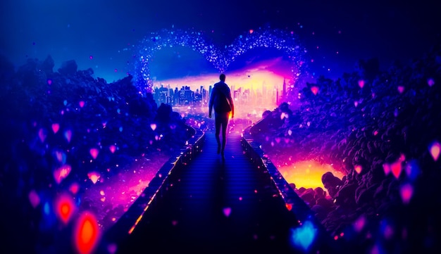 L'uomo sta camminando giù per il ponte nel mezzo di un paesaggio colorato AI generativa