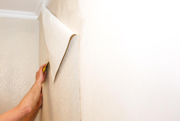 L'uomo sta installando la carta da parati. Livellamento del muro. Ristrutturazione lavori di riparazione di manutenzione nell'appartamento. Restauro al chiuso.