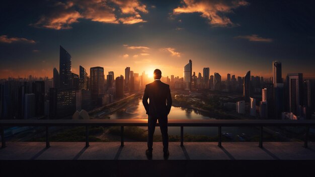 l'uomo sta sull'attico guardando il tramonto sul cielo della sera sulla città romantica