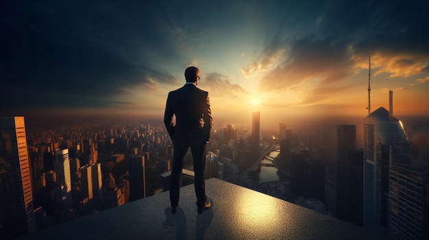 l'uomo sta sull'attico guardando il tramonto sul cielo della sera sulla città romantica