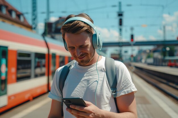 l'uomo sta usando le cuffie e il telefono cellulare sulla piattaforma di una stazione ferroviaria