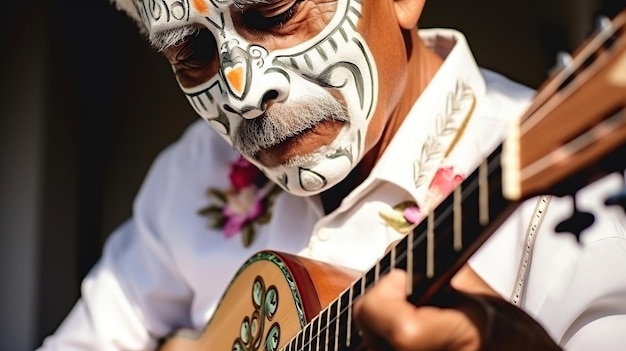 L'uomo suona la chitarra nel giorno dei morti Messico IA generativa