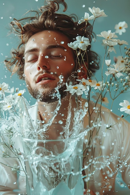 L'uomo surreale con l'acqua che scorre e il collage di margherite