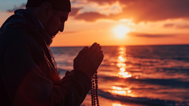 l'uomo tiene delle perle di preghiera e prega al tramonto con l'oceano tranquillo come sfondo