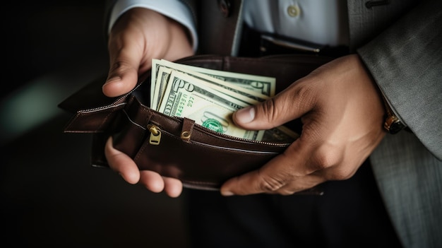 L'uomo tiene in mano un portafoglio con dentro del denaro Creato con la tecnologia di intelligenza artificiale generativa