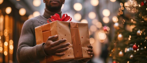 L'uomo tiene una borsa della spesa con regali per le vacanze che aggiungono gioia festiva alla stagione.