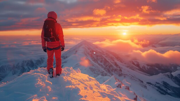 L'uomo trionfa sulla vetta innevata