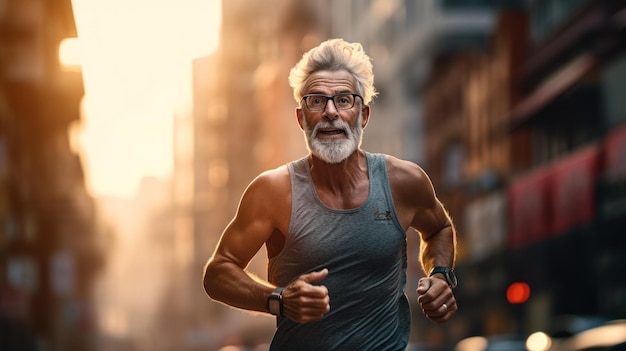 L'uomo va a correre Il vecchio vive una vita sana per la longevità per le strade della città al mattino