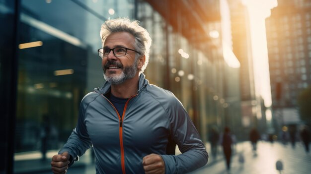 L'uomo va a correre Il vecchio vive una vita sana per la longevità per le strade della città al mattino