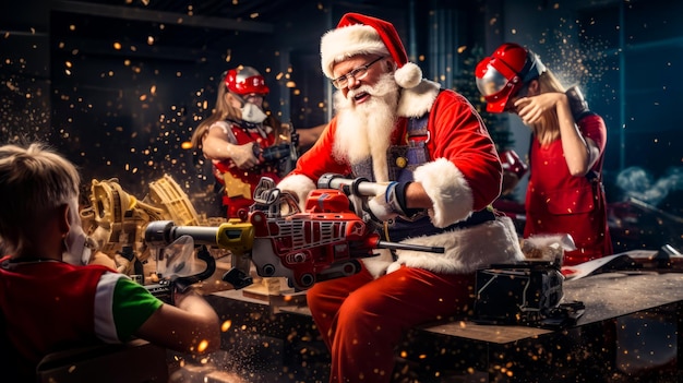 L'uomo vestito da Babbo Natale è seduto sul tavolo con la sega AI generativa