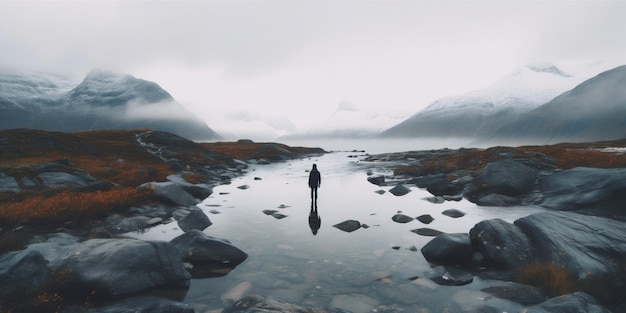 L'uomo viaggia da solo natura lago capo acqua indietro escursioni montagna giallo IA generativa